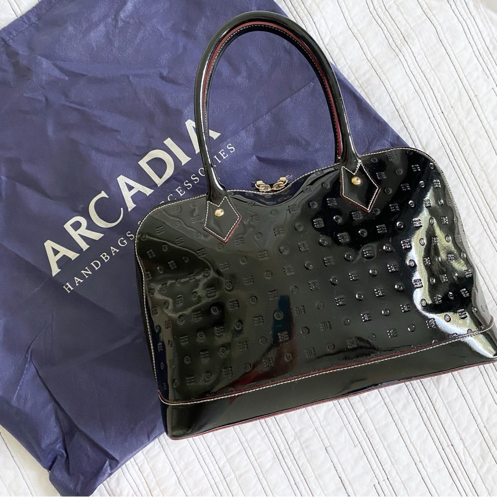 Arcadia Genuine Patent Leather Made in Italy Logo Satchel Bag Black with Red